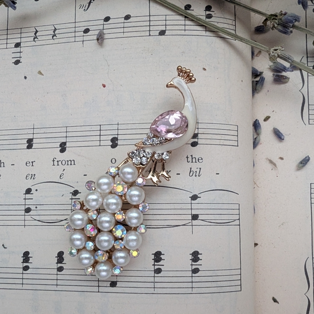 Vintage Pearl and Crystal Peacock Brooch